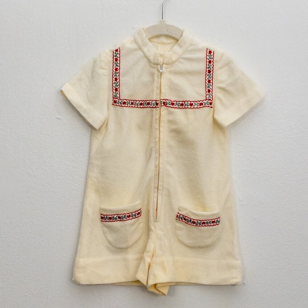 Vintage Cream Baby Romper Onesie | Embroidered Floral Trim | Approx. 12–18M
